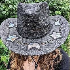 Chapéus de Sol Femininos de Praia de Verão com Lantejoulas de Estrela da Lua, Estilo INS, Chapéu de Sol de Palha Vazado Boêmio Ocidental Estilo Cowgirl