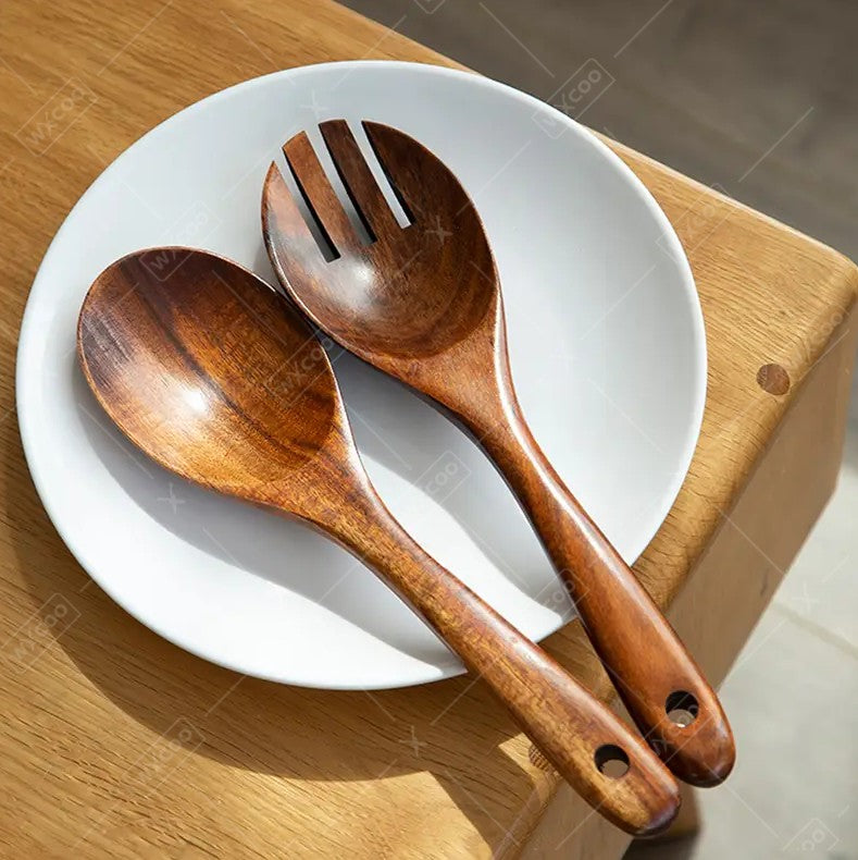 2pcs Salad Spoons 10-inch Durable Acacia Wood Cutlery Set Salad Mixer Fork And Spoon Salad Servers Spcoons Cooking Utensils