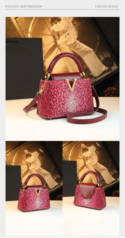 Luxury Fashion Diamonds Women's Handbags 2025 New V Letter Small Shoulder Crossbody Bag Genuine Leather Messenger Shell Bags