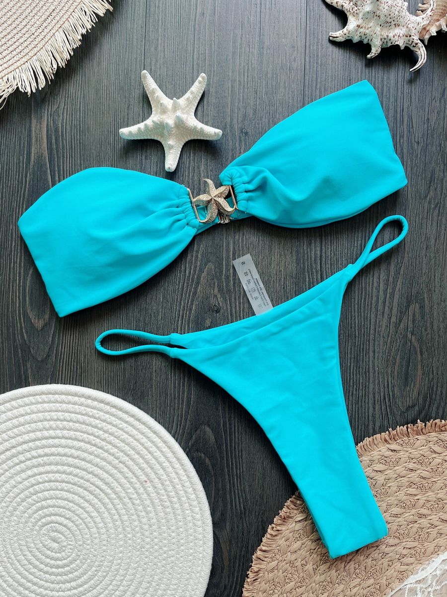 Para Praia 2025 Sexy Push Up Bikini Women Swimwear Metal Starfish Bandeau Thong Bikini Brazilian Swimsuit Female Bathing Suit