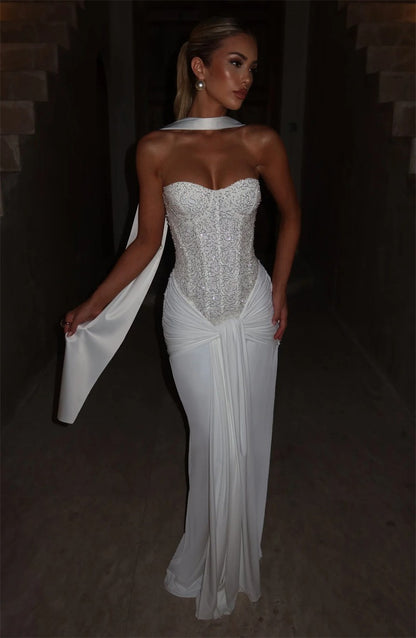 Mozision Sparkle Off-shoulder Sexy Maxi Dress Women Elegant Glitter Strapless Backless Sleeveless Draped Ruched Club Party Dress