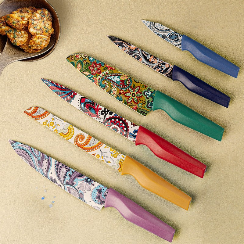 Conjunto de facas com padrão Paisley Astercook com capa, facas coloridas laváveis na lava-louças com 6 capas de faca, aço inoxidável alemão