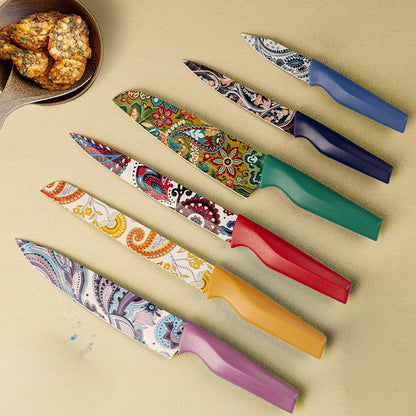 Conjunto de facas com padrão Paisley Astercook com capa, facas coloridas laváveis na lava-louças com 6 capas de faca, aço inoxidável alemão