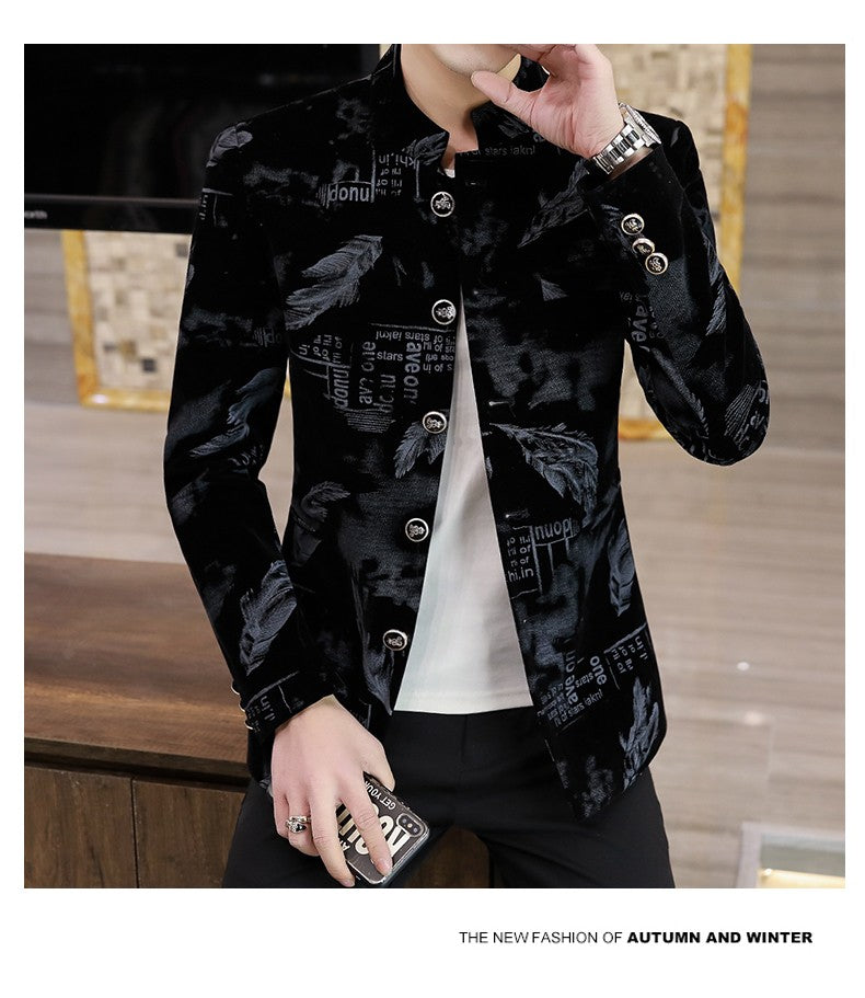 Luxury Retro Velvet Suit Jacket for Men Fashion Slim Fit Stand Collar Blazer Masculino Casual Business Wedding Dress Coat
