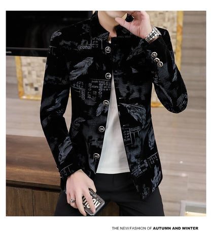 Luxury Retro Velvet Suit Jacket for Men Fashion Slim Fit Stand Collar Blazer Masculino Casual Business Wedding Dress Coat