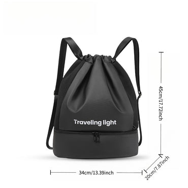 Fitness Drawstring Backpack with Shoe Compartment, Multi-Pocket Nylon Sports Bag for Gym Training, Fringe Decoration & Frame Des