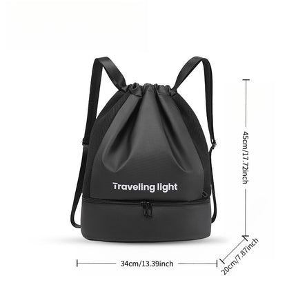 Mochila Esportiva com Cordão e Compartimento para Sapatos, Bolsa Esportiva de Nylon com Vários Bolsos para Treino de Academia, Decoração com Franjas e Estrutura Desmontável