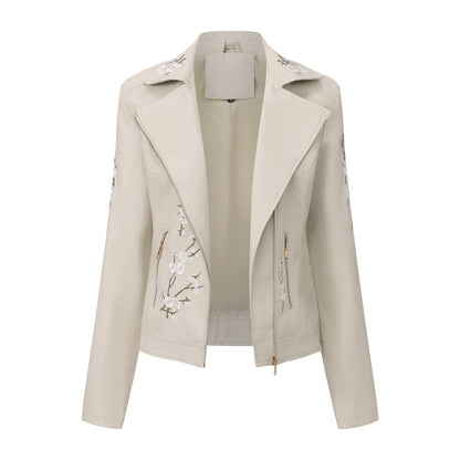 New Fall Women's Black Embroidered PU Jacket, Street-Style Brown Faux Leather Coat, Fashionable Beige Long Sleeves Top.