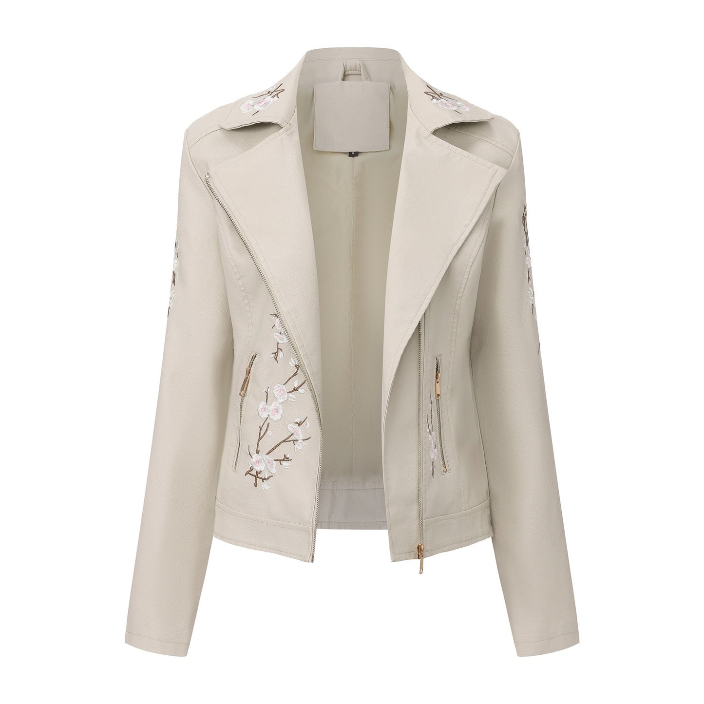 New Fall Women's Black Embroidered PU Jacket, Street-Style Brown Faux Leather Coat, Fashionable Beige Long Sleeves Top.