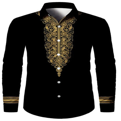 Men's black and red long sleeved shirt with fashionable Pegasus print button up shirt - long sleeved, lapel, non elastic fabric,