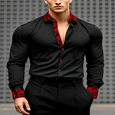 Men's black and red long sleeved shirt with fashionable Pegasus print button up shirt - long sleeved, lapel, non elastic fabric,