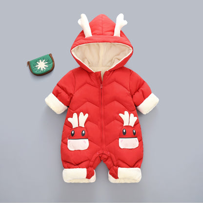 Demin-season Winter Kids Boys Rompers 2025 Cartoon Pockets Hooded Bodysuit For 0-3Y Newborn Infant Babys Boys One-piece Jumpsuit