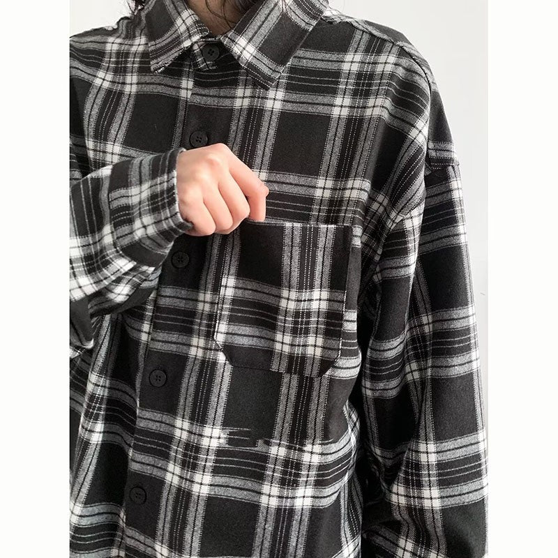 Japanese Cargo Shirt Men Women Vintage Black White Checkered Loose Long-sleeved Tops Spring Casual Lapel Unisex Oversize Shirts