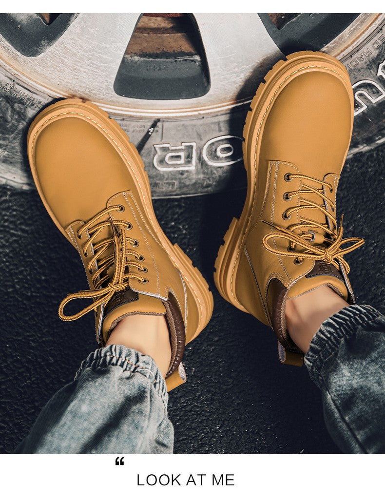 Botas masculinas de cano alto para as quatro estações, sapatos de trabalho ao ar livre antiderrapantes e confortáveis, botas amarelas de couro casuais britânicas da moda