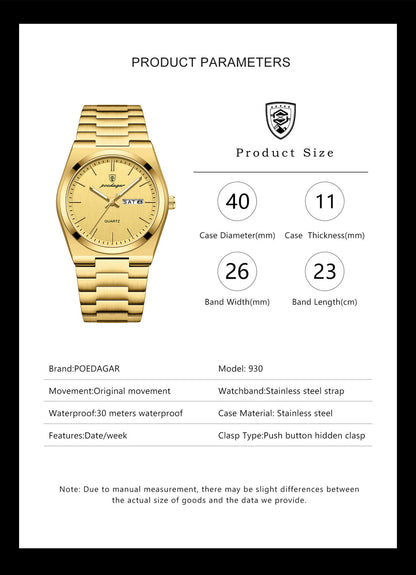 POEDAGAR Fashion Classic Man Watch Waterproof Luminous Date Week Luxury Men Watch Stainless Steel Quartz Business Men's Watches