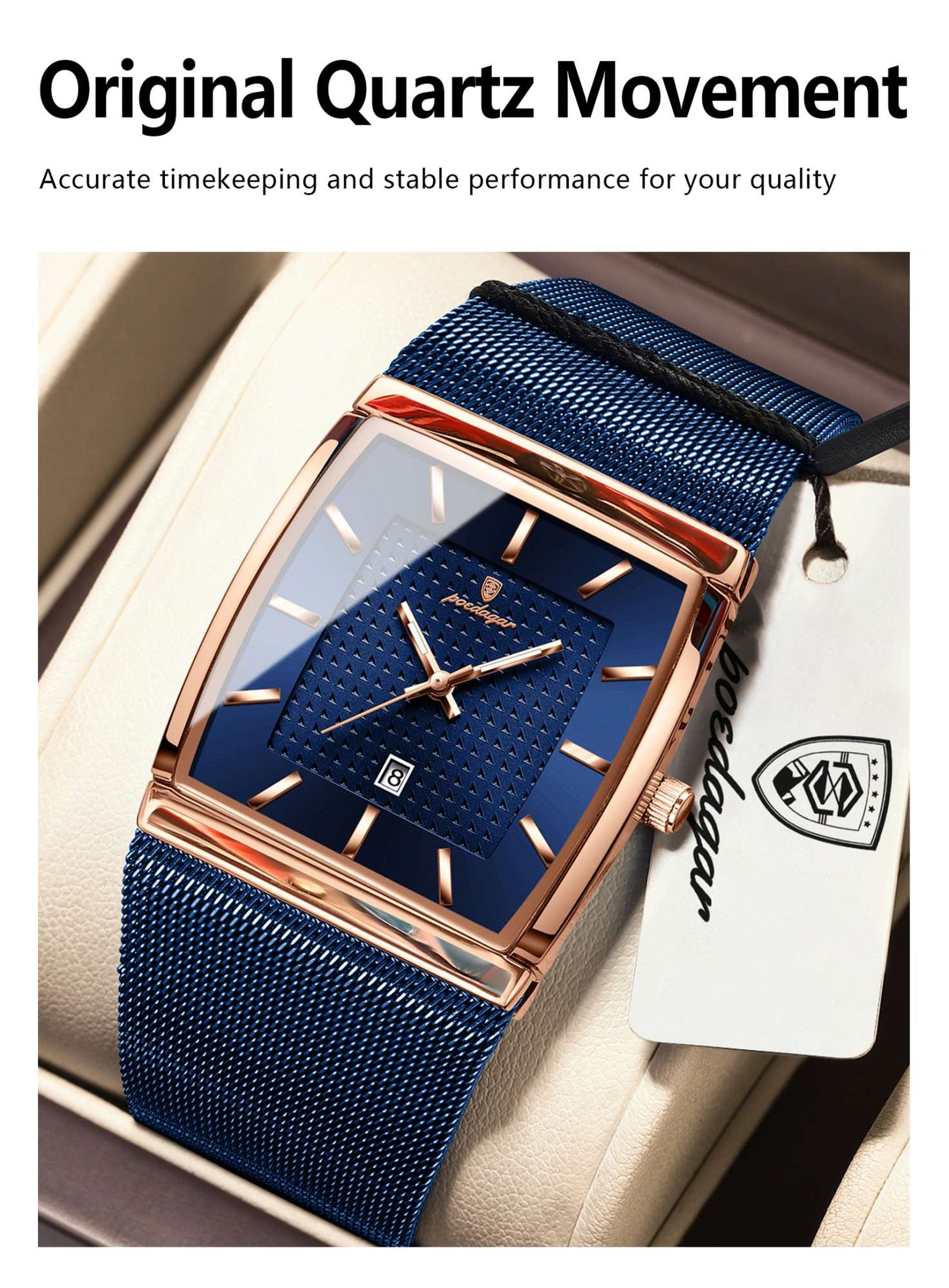 POEDAGAR Top Luxury Men Watch Stainless Steel Mesh Date Waterproof Luminous Man Wristwatch Casual Rectangle Quartz Men's Watches