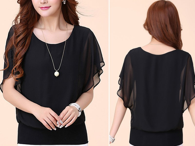 New Summer Women Blouse Female Short Batwing Sleeve Oversized Loose O-Neck Chiffon Shirt Plus Size Office Lady Elegant Tops Tees