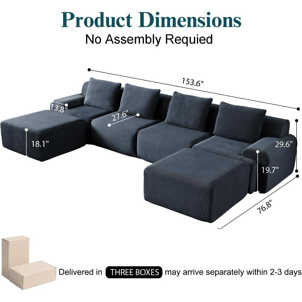Oversized U-Shaped Corduroy Sectional Sofa Set with 2 Ottomans Deep Seat Boneless Comfortable Living Room Couch