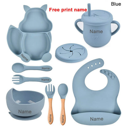 Baby Silicone Sucker Bowl Plate Cup Bibs Spoon Fork Sets Children Tableware Baby Feeding Dishes Sets Personalized Name BPA Free