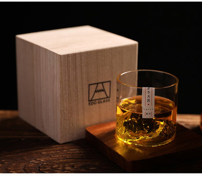Conjunto de Copos de Uísque de Montanha Glacial 3D Japonesa - Copos Baixos & para Pedras com Caixa de Presente de Madeira para Uísque, Vodka, Vinho