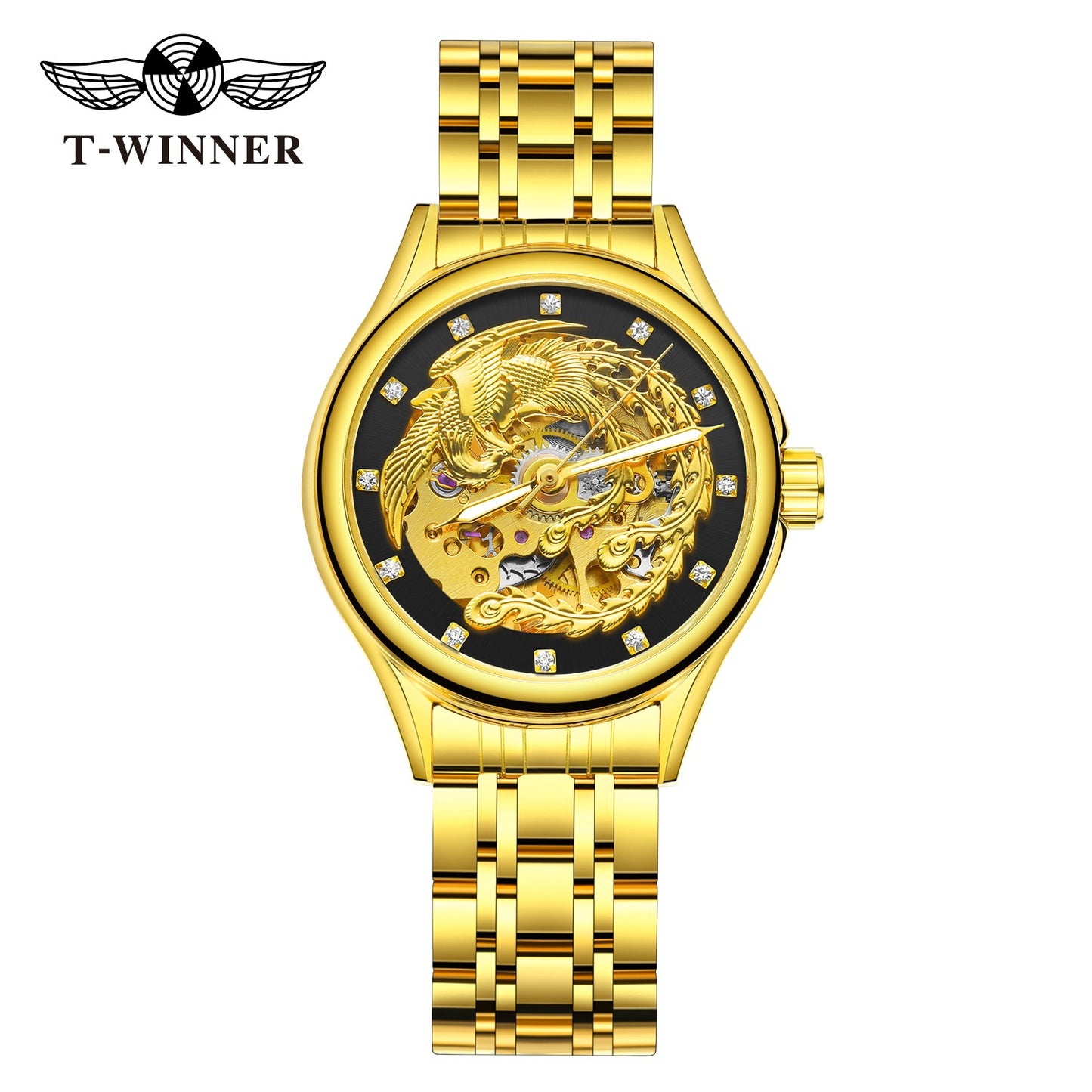 2024 Diamond Steel Skeleton Dial Golden Phoenix Women Fashion Automatic Watch Luxury Waterproof Mechanical Girl Wrist Lady Clock