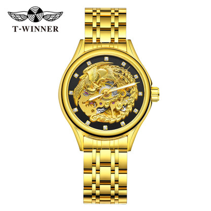 2024 Diamond Steel Skeleton Dial Golden Phoenix Women Fashion Automatic Watch Luxury Waterproof Mechanical Girl Wrist Lady Clock