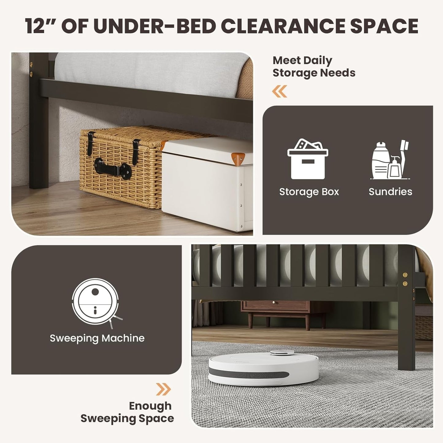 Wood Twin Bed Frames with Headboard, Mid Century Platform Bed with Wooden Slats Support, 12" Under-Bed Storage Space, No