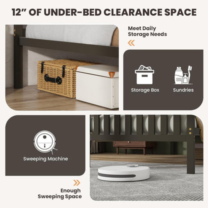Wood Twin Bed Frames with Headboard, Mid Century Platform Bed with Wooden Slats Support, 12" Under-Bed Storage Space, No