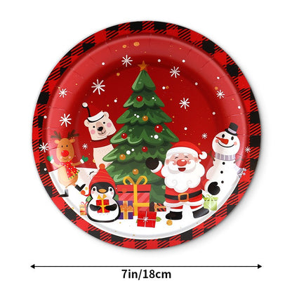 Christmas Theme Party Tableware Red Plaid Christmas Car Disposable Tableware Set Paper Plate Party Decoration Supplies