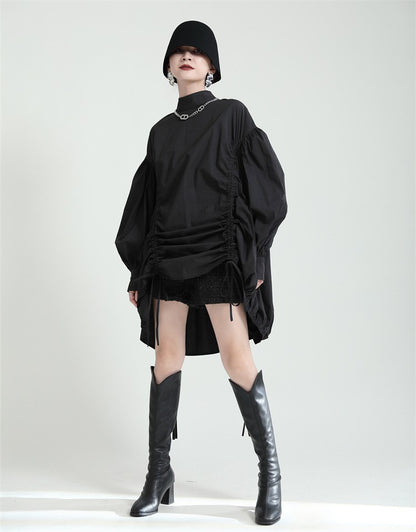 2025 Women Irregular Drawstring Big Size White Blouse New Stand Collar Long Sleeve Shirt Fashion Tide Spring Autumn