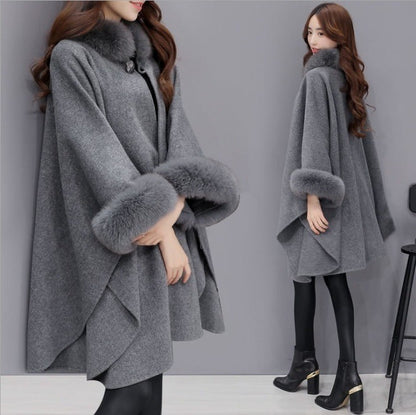 Women Wool Mid Length Coats Jackets Blends Fur Collar Cloak Coat Y2k Streetwear Jacket Work Outerwear Autumn Winter 2025