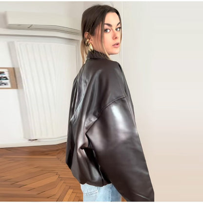 Vintage PU Leather Bomber Jackets 2025 Autumn New Ladies Zipper Lapel Long Sleeve Pocket Coat With Belt Women's Loose Streetwear
