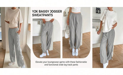 Fisoew Womens Wide Leg Track Pants Casual Elastic Waist Bow Tie Y2K Baggy Sweatpants with Pockets