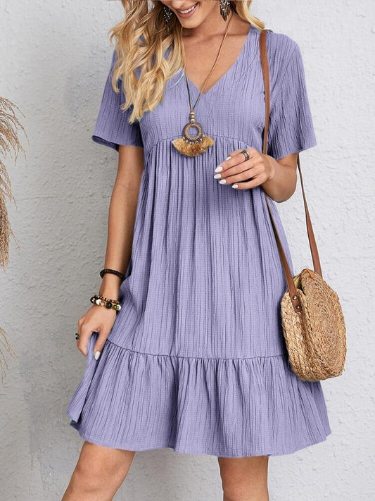 Elegant Solid V Neck A Line Dress 2024 New Summer Ruffles Loose Mini Dress Casual Short Sleeve Beach Party Vestidos Streetwear