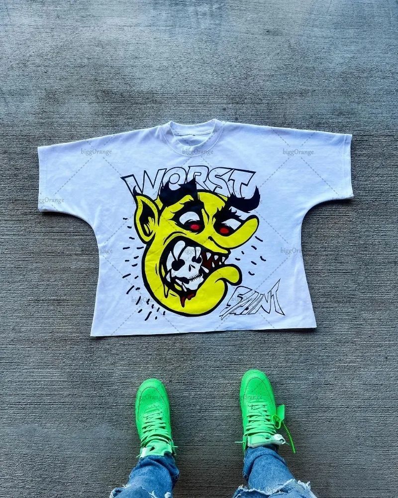 American Hip-hop Anime Print Oversized T-shirt Men Retro Trendy Streetwear Top Pure Cotton Round Neck Casual Loose Short Sleeves