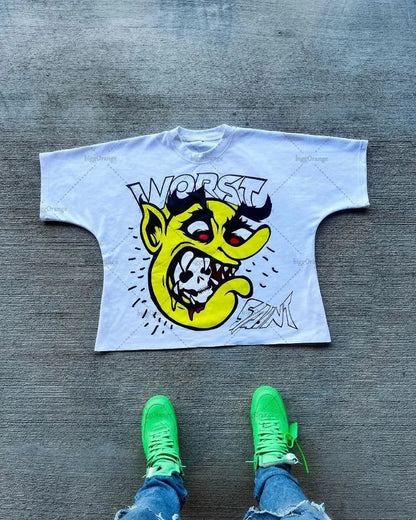 American Hip-hop Anime Print Oversized T-shirt Men Retro Trendy Streetwear Top Pure Cotton Round Neck Casual Loose Short Sleeves