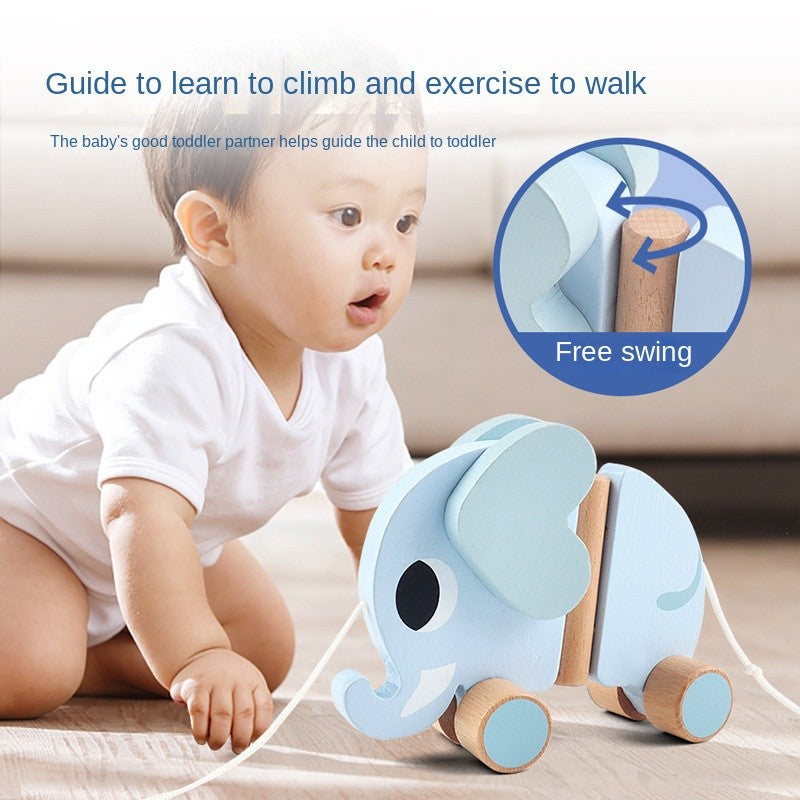 Wooden children's elephant pulling rope cart, towing toys, baby boy, baby girl toddler, children's gifts, early education toys