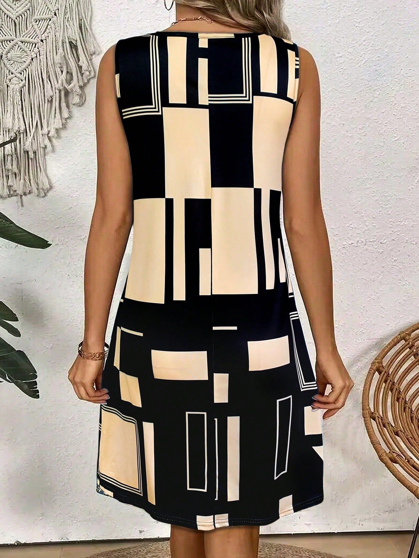 Geometric Pattern Sleeveless Dress For Women‘s Summer Clothes,Black Women Midi