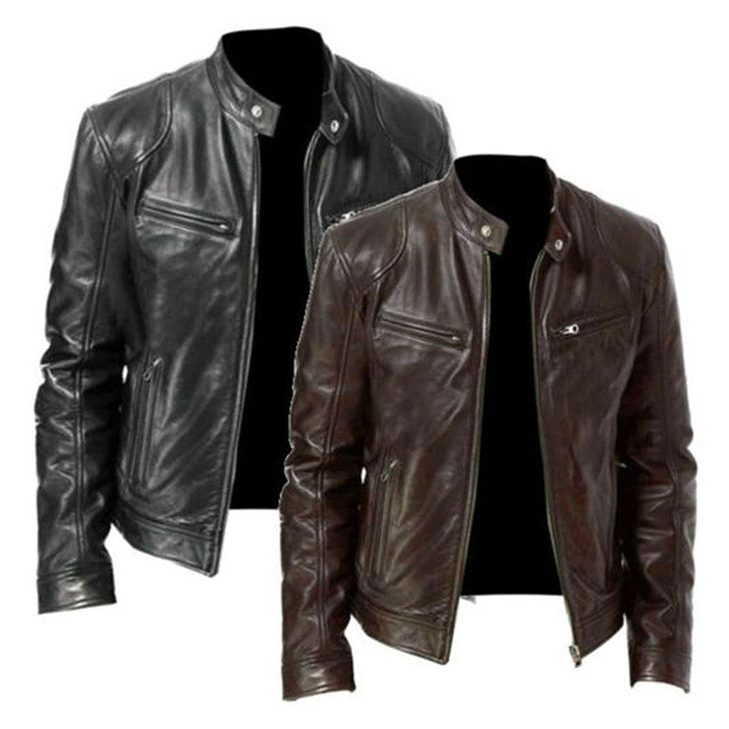 Men' s Retro Leather Jacket Stand Collar Biker Jacket Slim fit Multi-Pocket Coat Autumn Winter Outwear