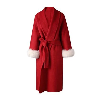 UCXQ Casaco Feminino Elegante OL para Escritório com Retalhos de Pelo Manga Comprida Lã Jaqueta de Roupa Feminina Bonita Outono Inverno 2025