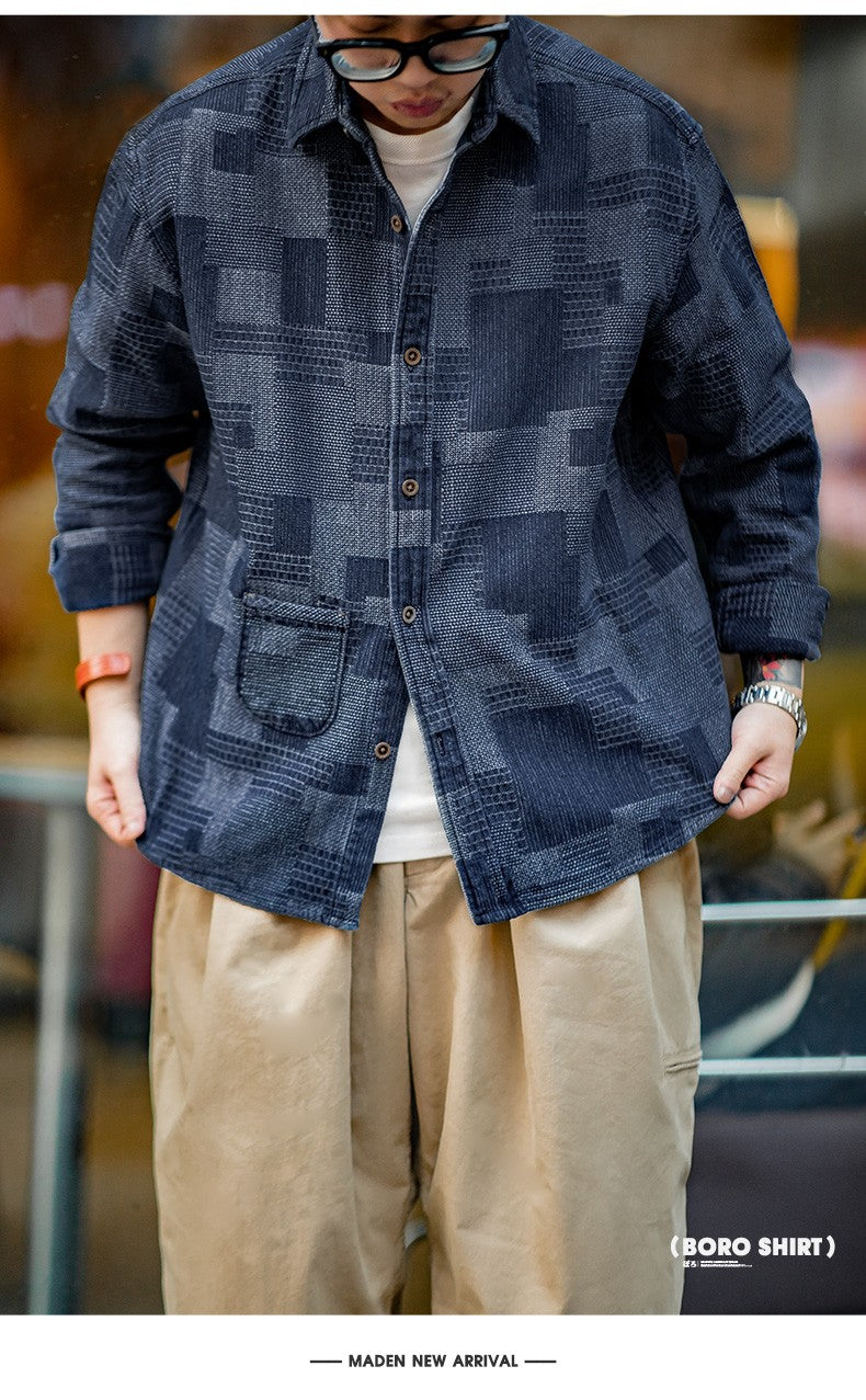 Maden Japanese Retro Boro Denim Shirts for Men Jacquard Patchwork Long-Sleeve Button Down Shirt Jacket Oversize Spring Outerwear