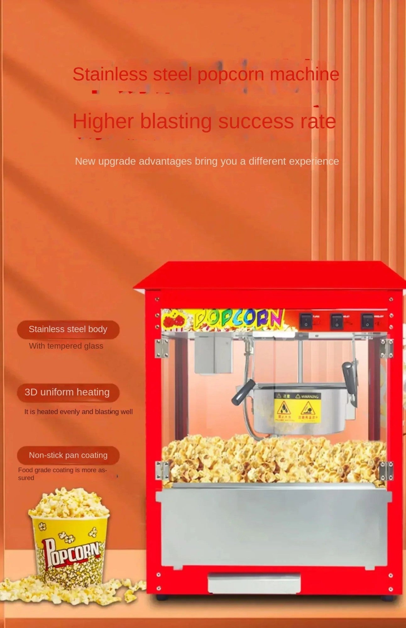 220V Commercial Popcorn Maker Machine, Large Capacity, Quick Heating, for Business Events and Parties
