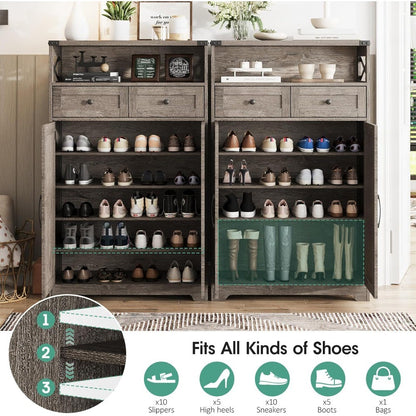 6-Tier Farmhouse Style Shoe Cabinet with Door and 2 Adjustable Shelves Drawers for Storage