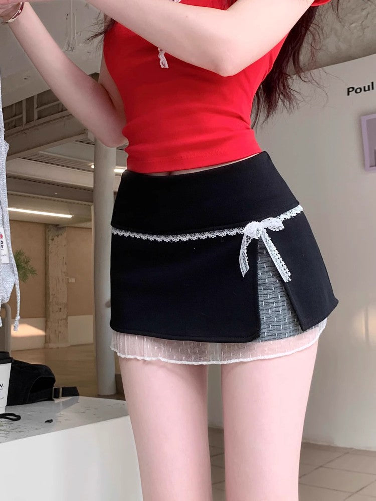 Sweet Lace Patchwork Women Skirts Summer Japanese Kawaii Bow Mini Skirts Fashion Low Waist Preppy Slit A Line Skirts New