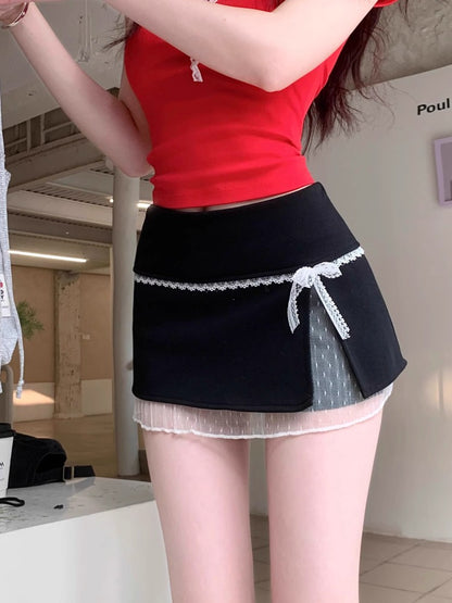 Sweet Lace Patchwork Women Skirts Summer Japanese Kawaii Bow Mini Skirts Fashion Low Waist Preppy Slit A Line Skirts New