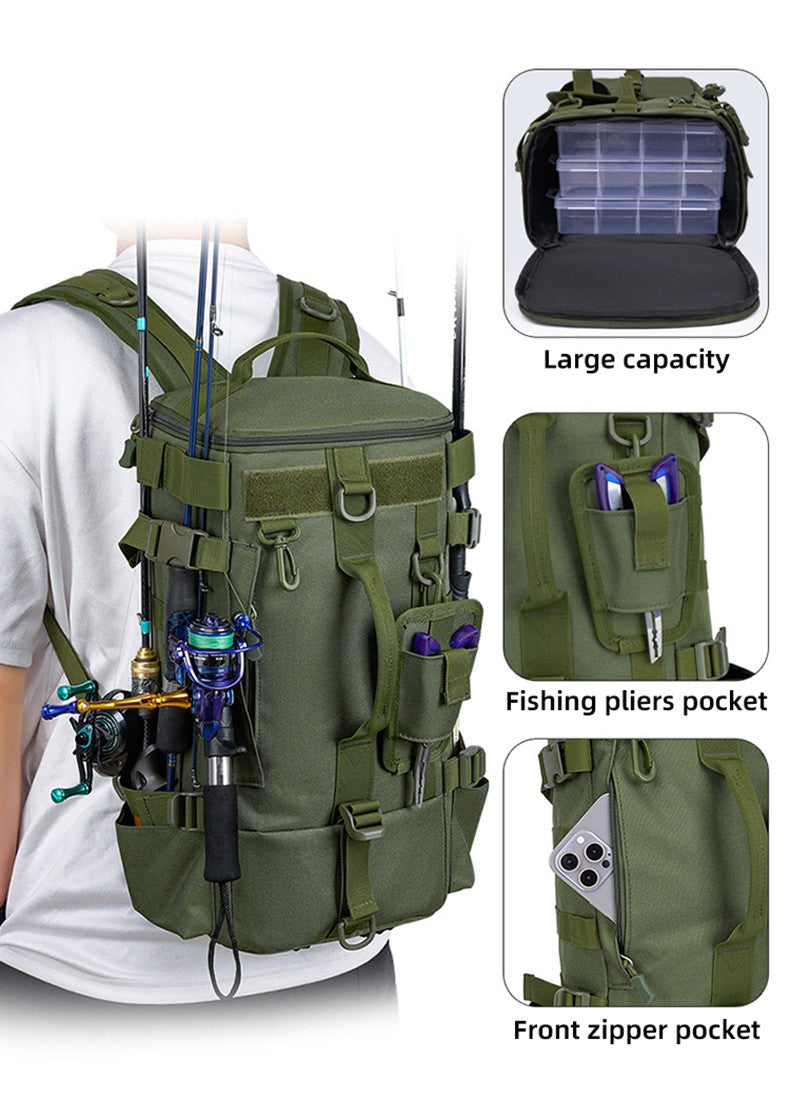 Mochila Tática de Pesca com Porta-Varas, Bolsa para Apetrechos de Pesca, Armazenamento de Equipamentos de Pesca, Sistema Molle, para Acampamento, Caminhada, Bolsa Multifuncional para Exteriores