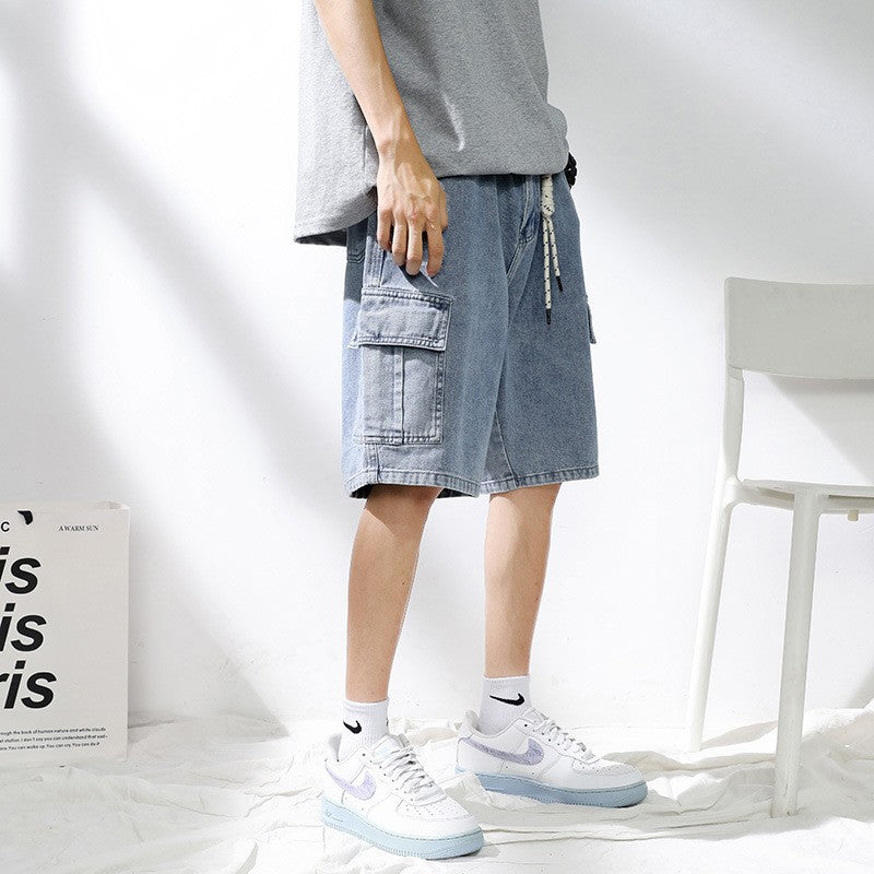 Denim shorts men's 2025 summer new light colored personalized hanging rope loose casual denim five quarter pants men's pants