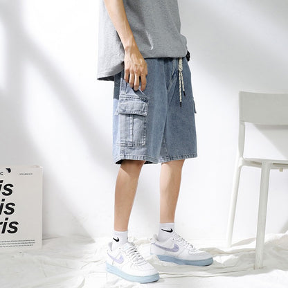 Denim shorts men's 2025 summer new light colored personalized hanging rope loose casual denim five quarter pants men's pants