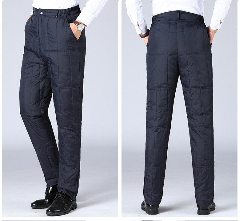 Inverno Masculino Calça de Pato Branco Cintura Alta Engrossada Quente Corta-Vento Térmica Calças para Homem de Meia-Idade PT-593