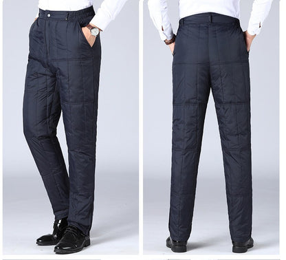 Inverno Masculino Calça de Pato Branco Cintura Alta Engrossada Quente Corta-Vento Térmica Calças para Homem de Meia-Idade PT-593